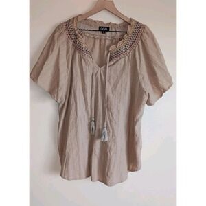 GiGio Boho Embroidered Tassel Tie Top Size L Beige Cotton Flutter Sleeve Smocked